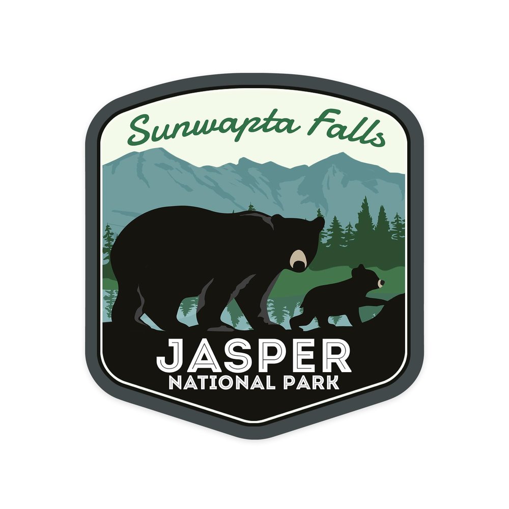 Die Cut Sticker Jasper National Park, Canada, Sunwapta Falls, Black Bear and Cub, Vinyl Sticker, (Waterproof Decal for Cars, Water Bottles, Laptops, Coolers), Large