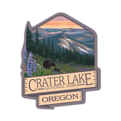 Die Cut Sticker Crater Lake National Park, Oregon, Spring Flowers and Bear Family Vinyl Sticker, (Waterproof Decal for Cars, Water Bottles, Laptops, Coolers), Large