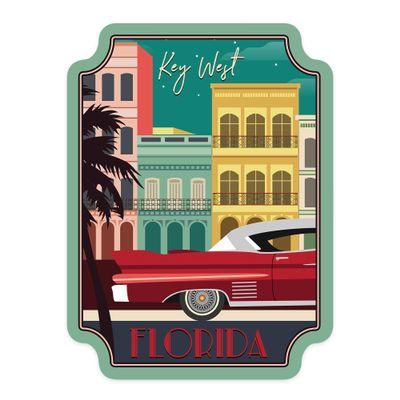 Lantern Press Sticker Key West, Florida, Buildings and Vintage Car, Vector, Die Cut Vinyl, (Waterproof Decal for Cars, Water Bottles, Laptops, Coolers), Small