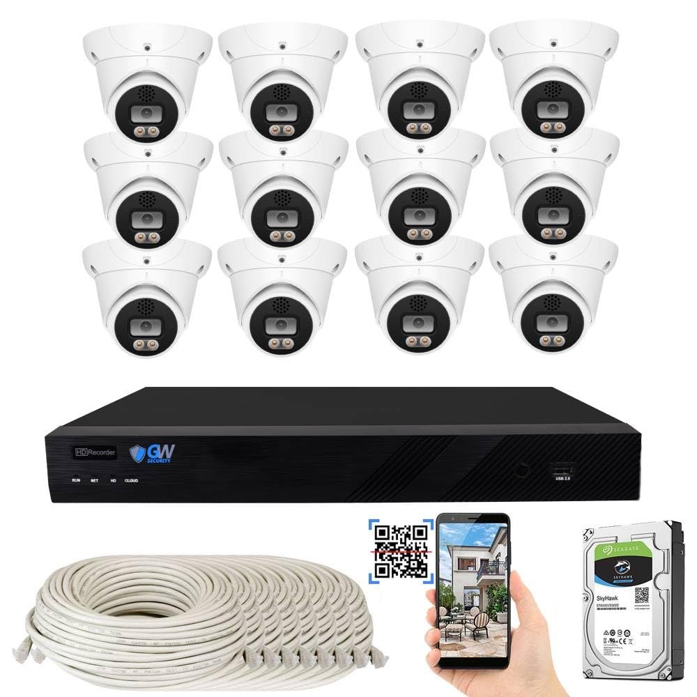 GW Security 16 Channel 8MP Fulltime Color Night Vision 4K NVR Security Camera System with 12 UltraHD 4K Two-Way Audio Outdoor/Indoor Smart AI Face Recognition Human Vehicle Detection PoE Dome Cameras