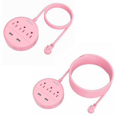 10FT and 15 FT Long Extension Cord Power Strip with USB Bundle, NTONPOWER Pink Charging Station with 3 Outlets and 2 USB, Travel Power Strip Flat Plug, Wall Mount for Home Office Dorm Room Cruise Ship