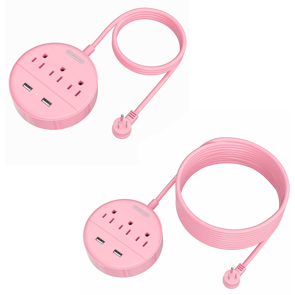 10FT and 15 FT Long Extension Cord Power Strip with USB Bundle, NTONPOWER Pink Charging Station with 3 Outlets and 2 USB, Travel Power Strip Flat Plug, Wall Mount for Home Office Dorm Room Cruise Ship