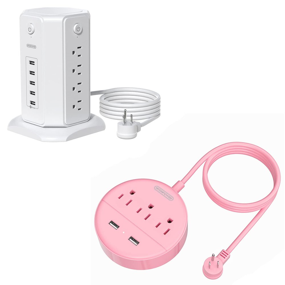 Surge Protector Power Strip Tower and Pink Flat Plug Power Strip Bundle, 10FT Long Extension Cord, 8 Outlets 5 USB and 3 Outlets 2 USB Desktop Charging Station, Individual Switches, for Home Office