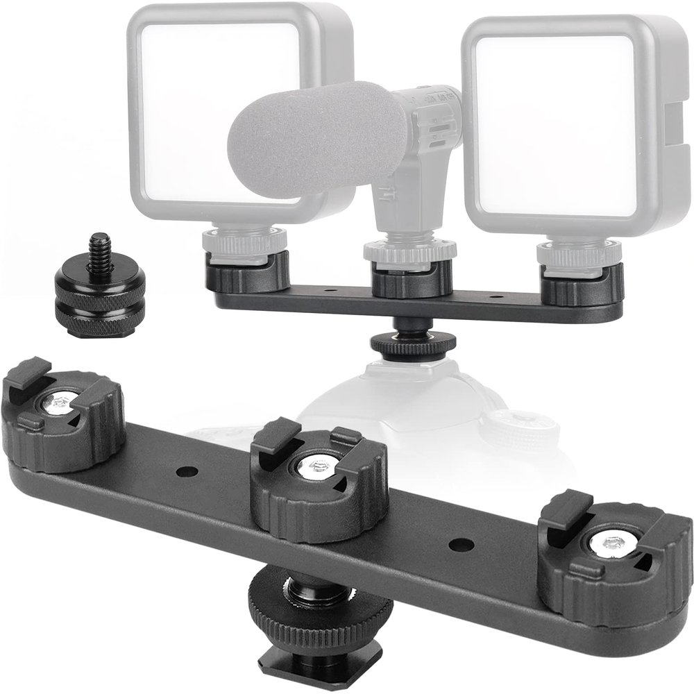 ChromLives Triple Cold Shoe Extension Mount Hot Shoe Base Adapter Extension Bar Bracket with 1/4 Screw for Tripod/Microphone/LED Light Compatible with Canon Sony Cameras