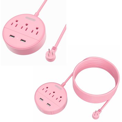 15FT and 5 FT Long Extension Cord Power Strip with USB Bundle, NTONPOWER Pink Charging Station with 3 Outlets and 2 USB, Travel Power Strip Flat Plug, Wall Mount for Home Office Dorm Room Cruise Ship