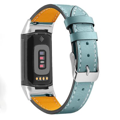 Compatible with Fitbit Charge 6/Charge 5 Bands for Women Men, Genuine Leather Adjustable Sports Strap Replacement Wristband for Charge 6/Charge 5 Tracker Small Large, women men (Blue)