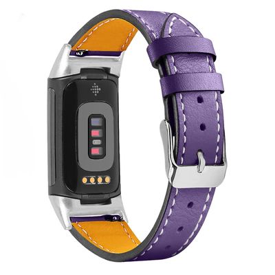 Compatible with Fitbit Charge 6/Charge 5 Bands for Women Men, Genuine Leather Adjustable Sports Strap Replacement Wristband for Charge 6/Charge 5 Tracker Small Large, women men (Purple)
