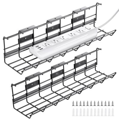2 Pack DELAMU Under Desk Cable Management Tray, Metal Cord Cable Organizer for Desk, Easy Install Pre-drilled Wire Management Wire Organizer for Office & Home