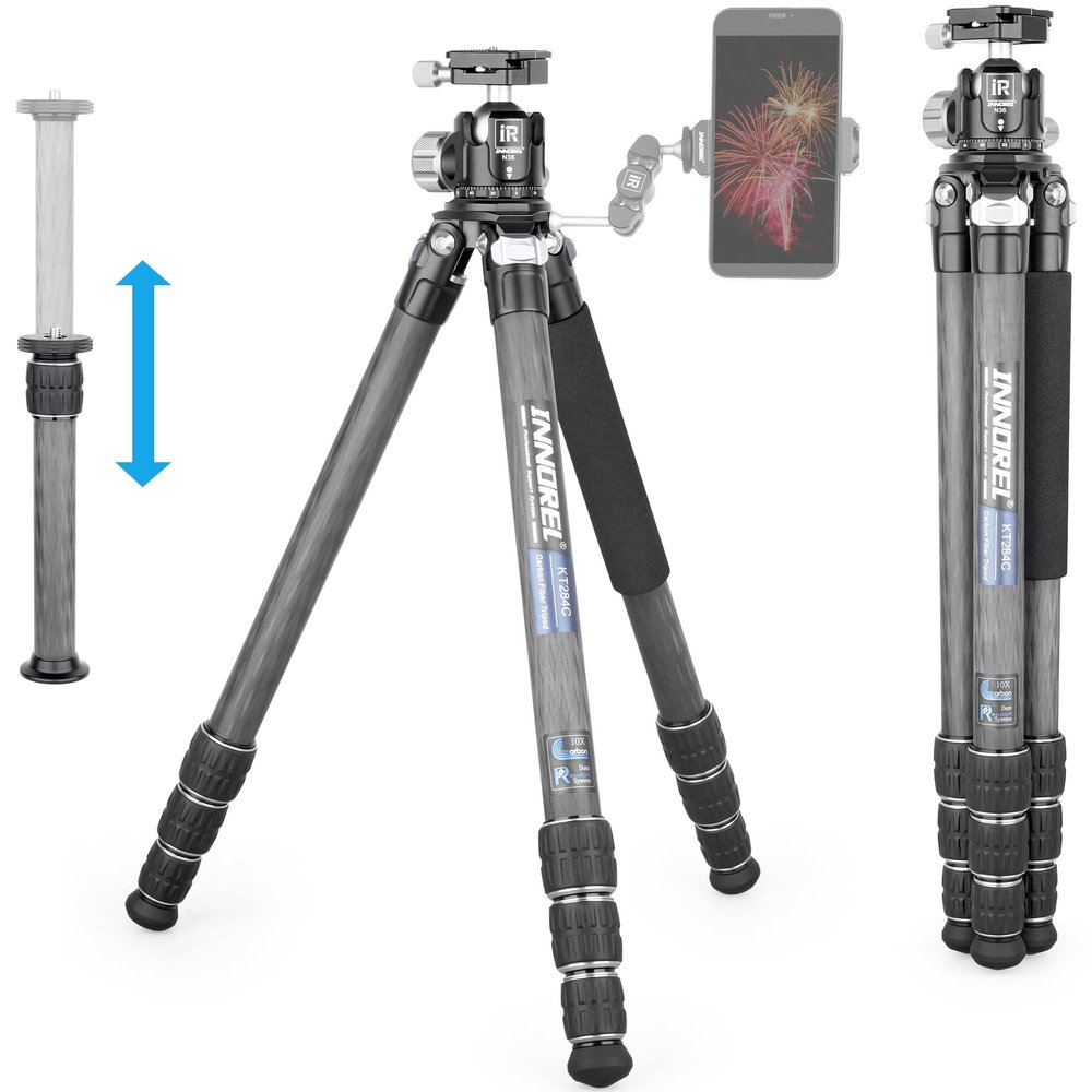 Carbon Fiber Tripod-INNOREL KT284C Professional Travel Tripod for DSLR Camera Heavy Duty Stand with 1.1in/29mm Tube Low Gravity Center 360Panoramic ballhead Max Load 44lbs/20kg Short Center Column