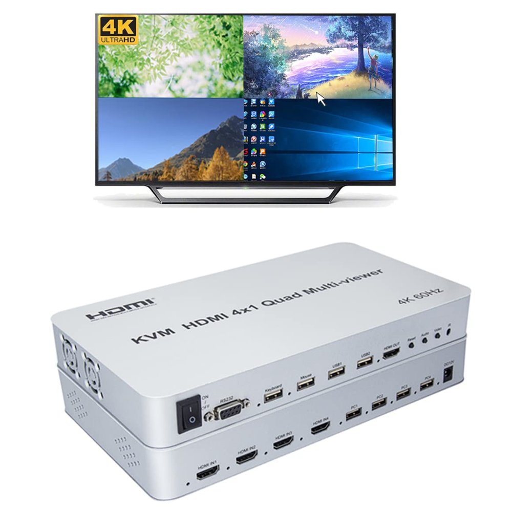4K @ 60HZ 4 Ports KVM Switch HDMI Multi-Viewer Seamless Switch 4X1 HDMI Quad Screen Real Time Multiviewer Support Mouse Through Mode