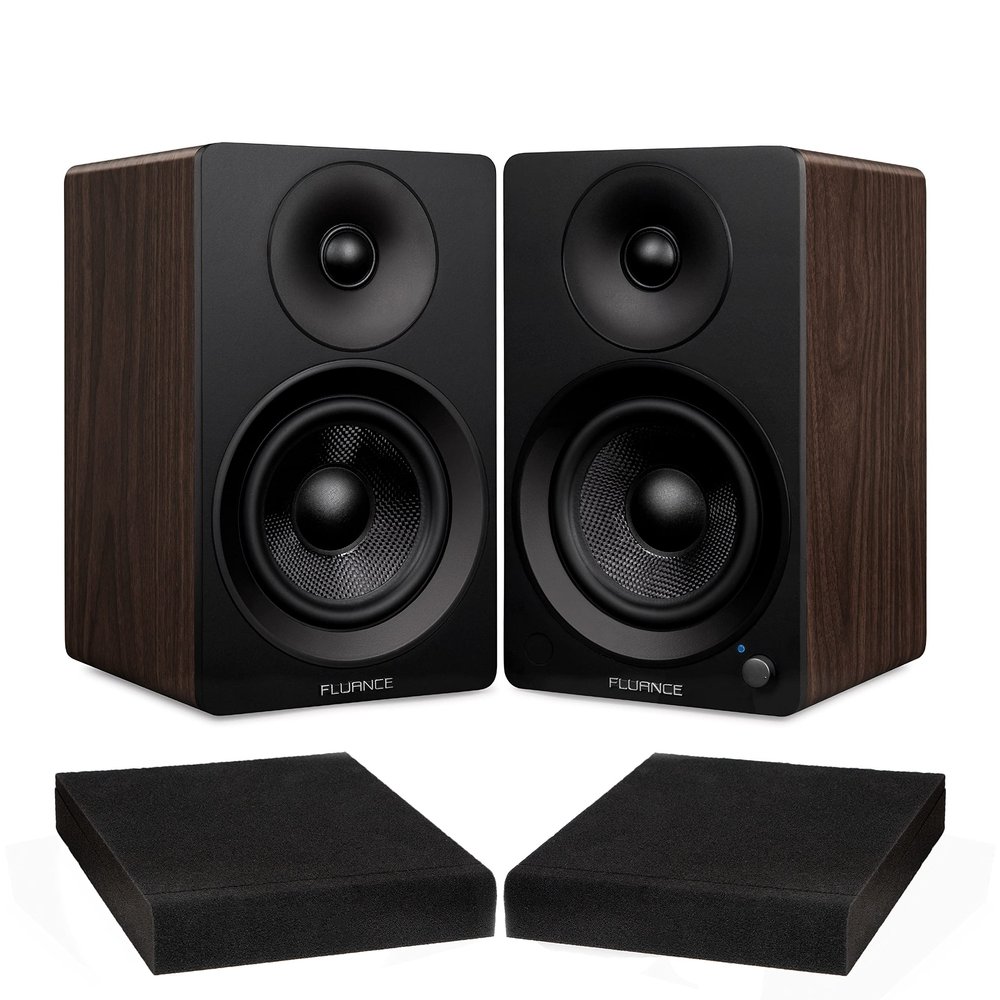 Fluance Ai41 Natural Walnut Powered 2.0 Stereo Bookshelf Speakers with 5" Drivers, 90W Amplifier for Turntable, TV, PC and Bluetooth 5 and High Density Acoustic Foam Isolation Pads 8.5" x 6.35"