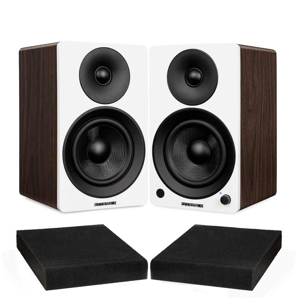 Fluance Ai41 White Walnut Powered 2.0 Stereo Bookshelf Speakers with 5" Drivers, 90W Amplifier for Turntable, TV, PC and Bluetooth 5 and High Density Acoustic Foam Isolation Pads 8.5" x 6.35"