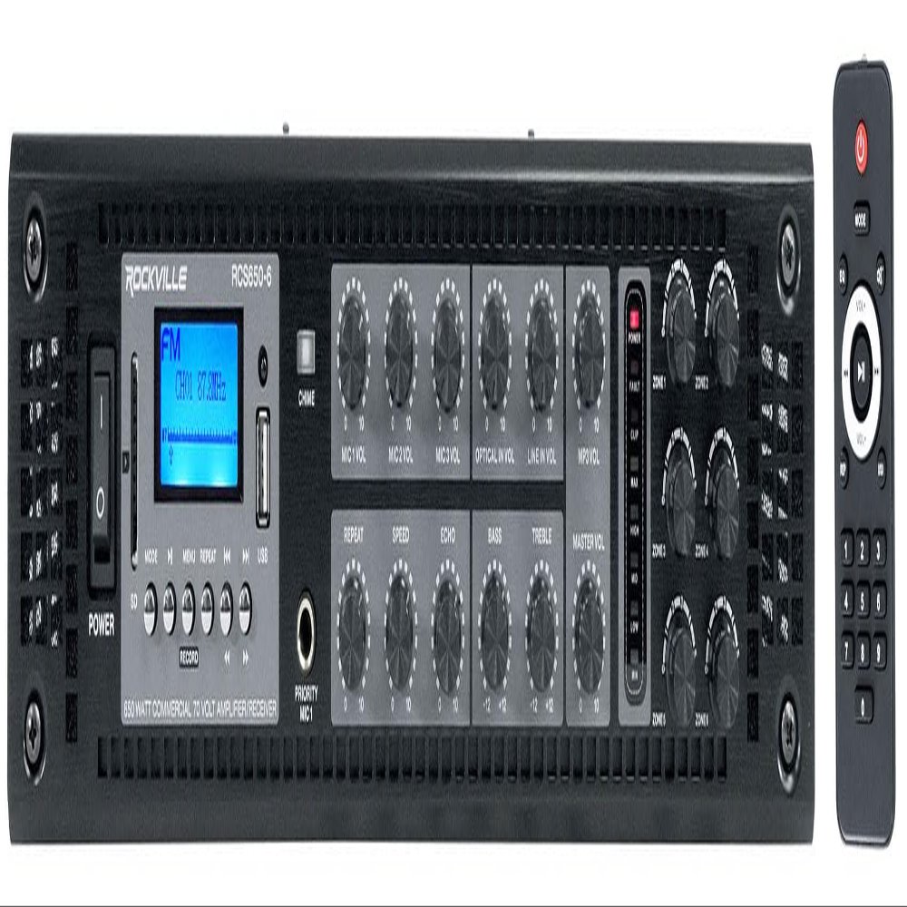 Rockville RCS650-6 650 Watt 6-Zone 70V Commercial Amplifier, Bluetooth, USB/SD/FM Playback, Rack-Mountable, for Restaurants & Offices