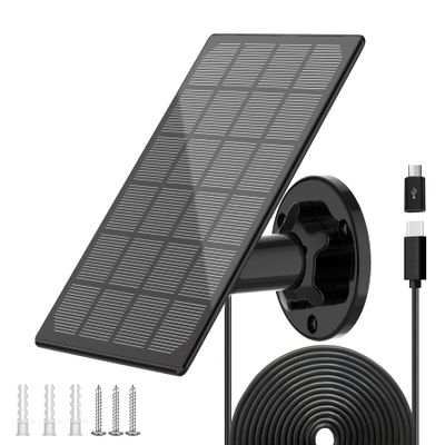 Solar Panel for Outdoor Camera, IP66 Waterproof Solar Charger, Continuous Solar Power Supply for Security Cameras, with 10ft Cable Type-C Port & Micro USB Adapter Solar Panel, 360 Adjustable Bracket