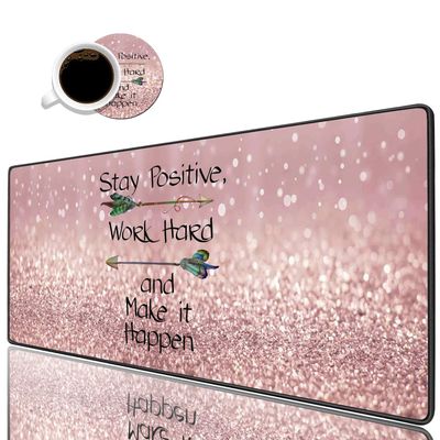 Desk Pad Mat Gaming Mouse Pads with Coasters, 31.5" 15.7" Large Non-Slip Rubber Base Mousepad with Stitched Edges for Office & Home, Inspirational Quote Stay Positive Work Hard and Make It Happen