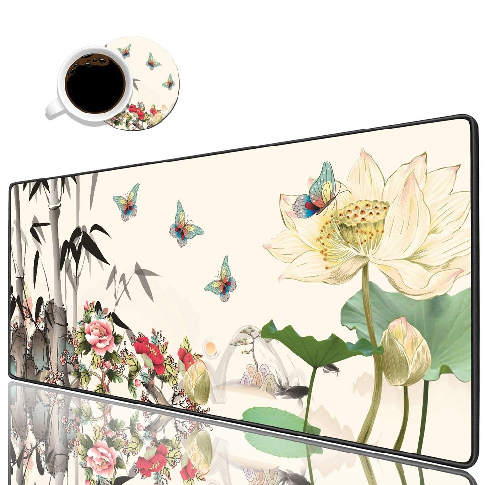 Desk Pad Mat Gaming Mouse Pads with Coasters, Office Desk Mat 31.5" 15.7" Large Gaming Mouse Pad Durable Extended Computer Mouse Pad for Office & Home (Watercolor Painting Lotus & Butterfly)