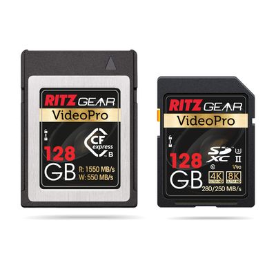 Ritz Gear CFExpress Type B 128GB Card (1550/550 R/W), Compatible with Nikon, Panasonic & Canon DSLR Cameras. (Few Cameras Need a firmware Update for Compatible W CFExpress)+ Video Pro V90 SD Card