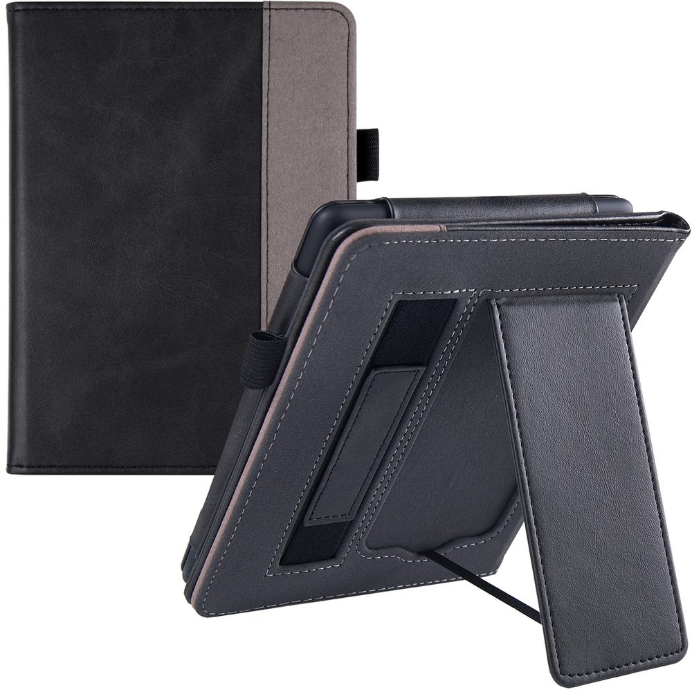 BOZHUORUI Stand Case for 6.8" Kindle Paperwhite 11th Generation - 2021 & Paperwhite Signature Edition e-Reader - PU Leather Sleeve Cover with Hand Strap/Auto Wake/Sleep, Rock Black