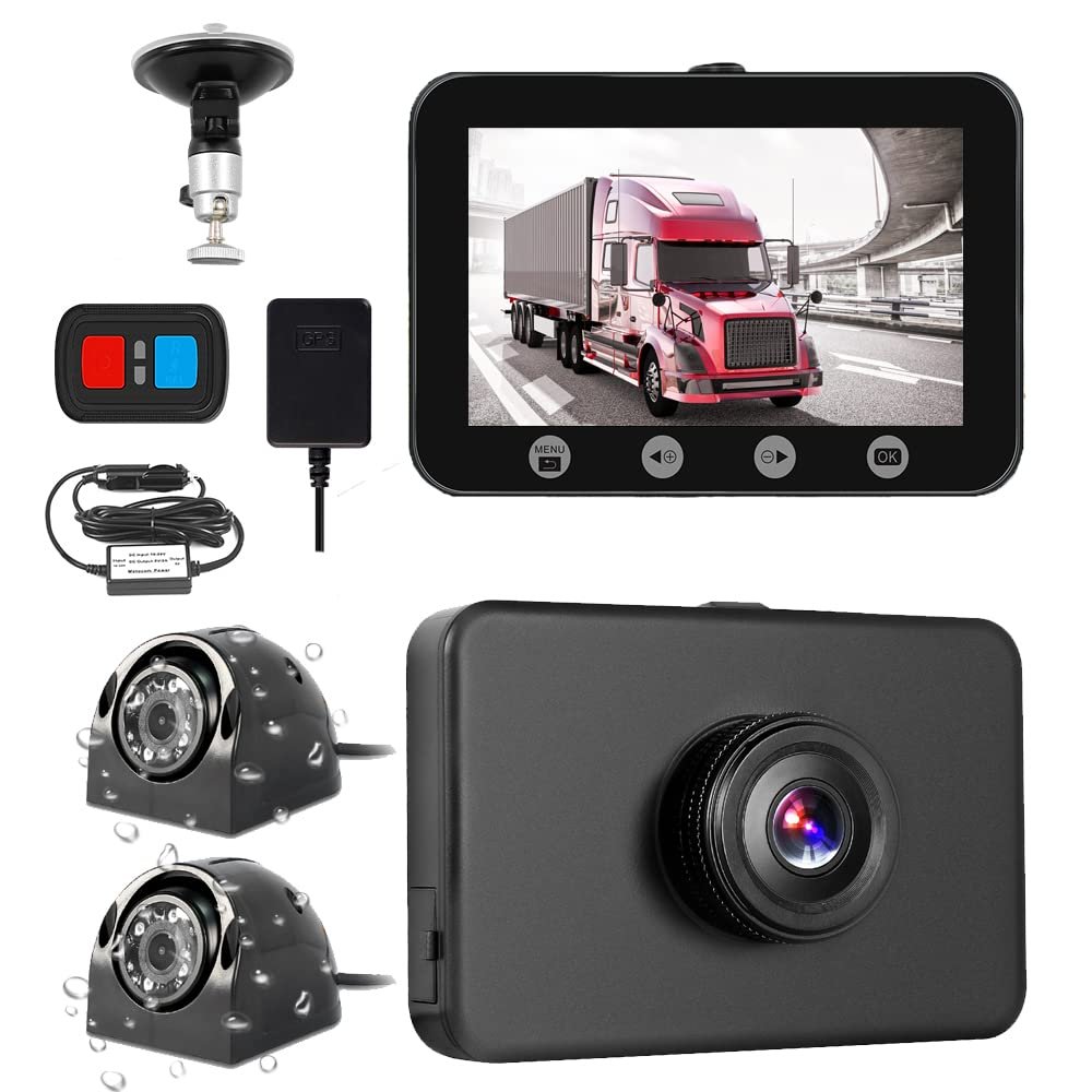 VSYSTO 3CH WiFi Truck Dash Cam, 4.5'' Screen GPS HD 1080P Front & 720P Sides Infrared Night Vision Lens Backup Camera System DVR for Semi Trailer Van Tractor Car RV, G-Sensor Loop Recording