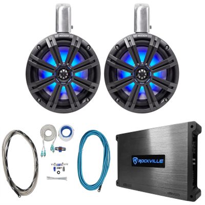 KICKER Pair 45KMTC8 8" 600w Marine Wakeboard Tower Speakers+2-Channel Amplifier
