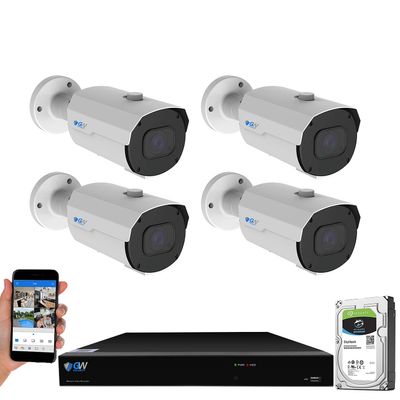 GW Security 8 Channel NVR 4K 8MP PoE 2.8-12mm Varifocal Zoom Face Recognition/Human/Car Detection Security Camera System with 4 x 4K 8MP IP Microphone H.265+ Outdoor Smart AI Bullet Cameras