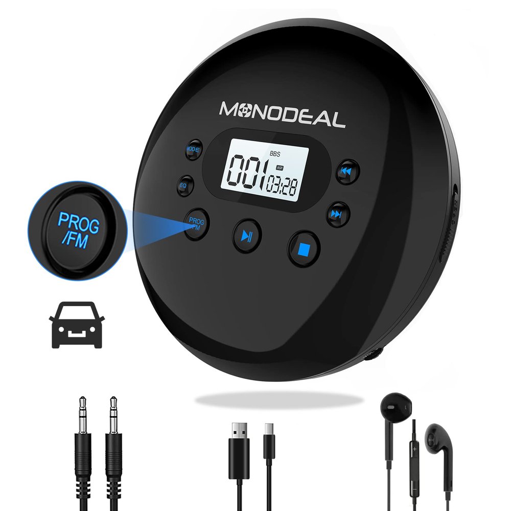 CD Player Portable, MONODEAL Portable CD Player with FM Transmitter, Rechargeable Player for Car for Home Travel with Anti-Skip Protection Compact Player with Headphones