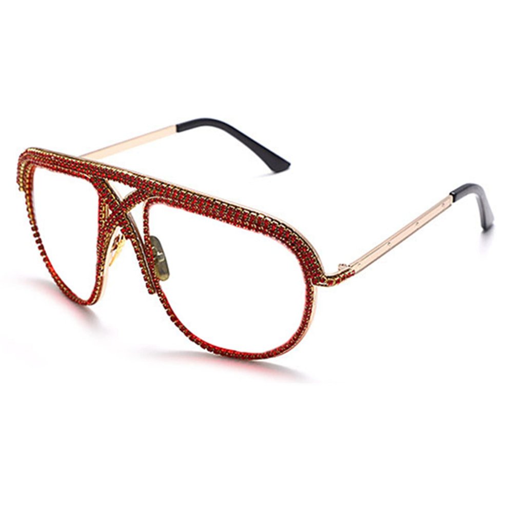bullabulling Square Diamond Rhinestone Blue Light Blocking Glasses Metal reading glasses Crystal Eyeglasses (red, 3.25)