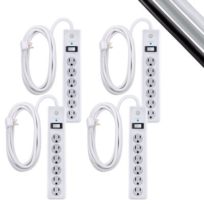 GE home electrical GE 6-Outlet Surge Protector, 4 Pack, 15 Ft Extension Cord, Power Strip, 800 Joules, Flat Plug, Twist-to-Close Safety Covers, Protected Indicator Light, UL Listed, White, 54651