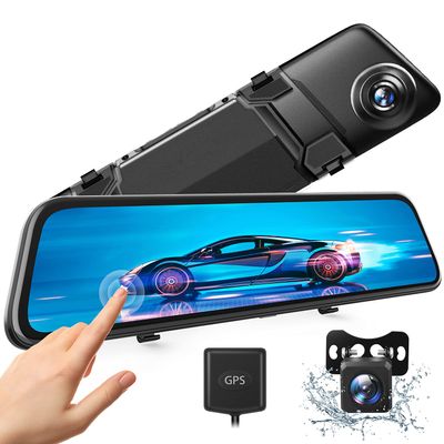 2.5K Mirror Dash Cam Parking Monitor, Super Night Vision and Voice Control, 12" Full Touch Screen w/ Waterproof Rear View Camera, GPS Tracking, Loop Recording