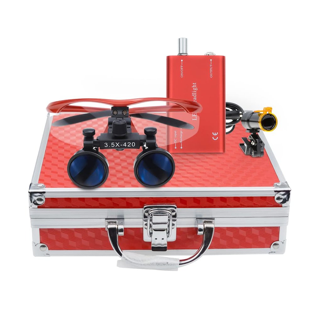 ORILAO Loupes 3.5X-420mm Working Distance Binocular Optical Glass 5W Metal Filter HeadLamp Aluminum Box (Red)