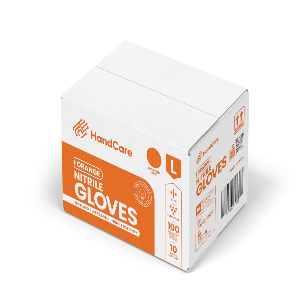 HandCare Orange 8 Mil Nitrile Disposable Gloves, Latex-Free, Diamond Textured Grip for Mechanic, Work & Cleaning Use