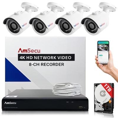 AmSecu 4K Security Camera System, 4-Channel Video Recorder NVR with 4 Bullet IP Cameras for Home Security Indoor/Outdoor, Pre-Installed 1TB Surveillance Hard Drive Kit