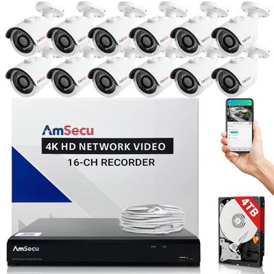 AmSecu 4K Security Camera System, 16-Channel Video Recorder NVR with 12 Bullet IP Cameras for Home Security Indoor/Outdoor, Pre-Installed 4TB Surveillance Hard Drive Kit