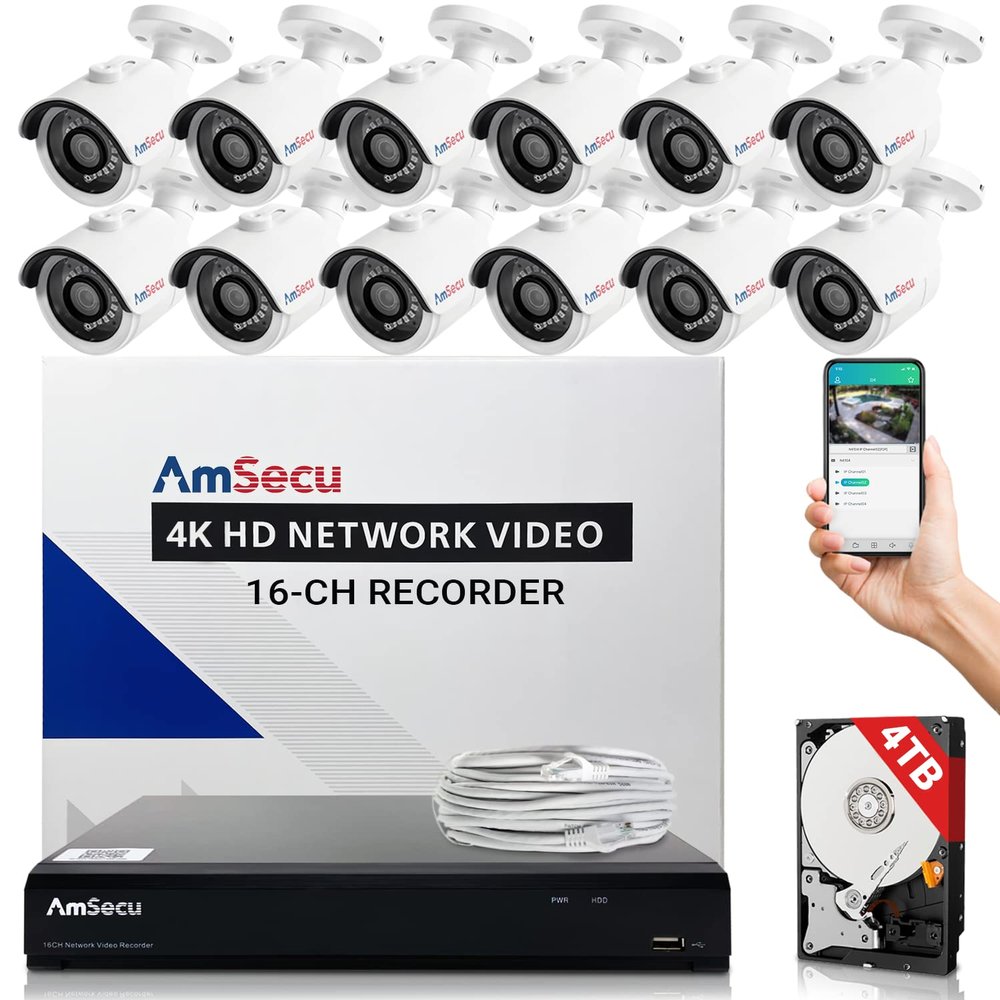 AmSecu 4K Security Camera System, 16-Channel Video Recorder NVR with 12 Bullet IP Cameras for Home Security Indoor/Outdoor, Pre-Installed 4TB Surveillance Hard Drive Kit