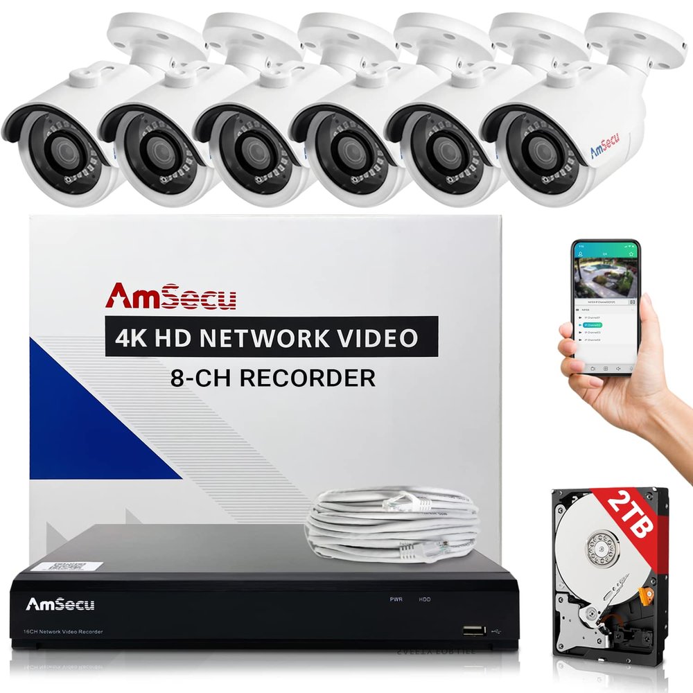 AmSecu 4K Security Camera System, 8-Channel Video Recorder NVR with 6 Bullet IP Cameras for Home Security Indoor/Outdoor, Pre-Installed 2TB Surveillance Hard Drive Kit