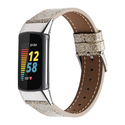 Leather Watch Strap for Fitbit Charge 5,Sport Leather Replacement Strap Watch Band Adjustable 5.5-8.0 inch Wrist for Women Men Compatible with Fitbit Charge 5 - Gold