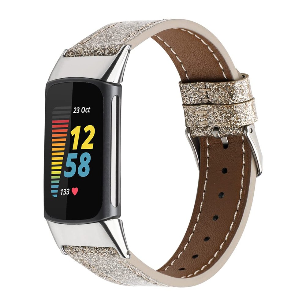 Leather Watch Strap for Fitbit Charge 5,Sport Leather Replacement Strap Watch Band Adjustable 5.5-8.0 inch Wrist for Women Men Compatible with Fitbit Charge 5 - Gold
