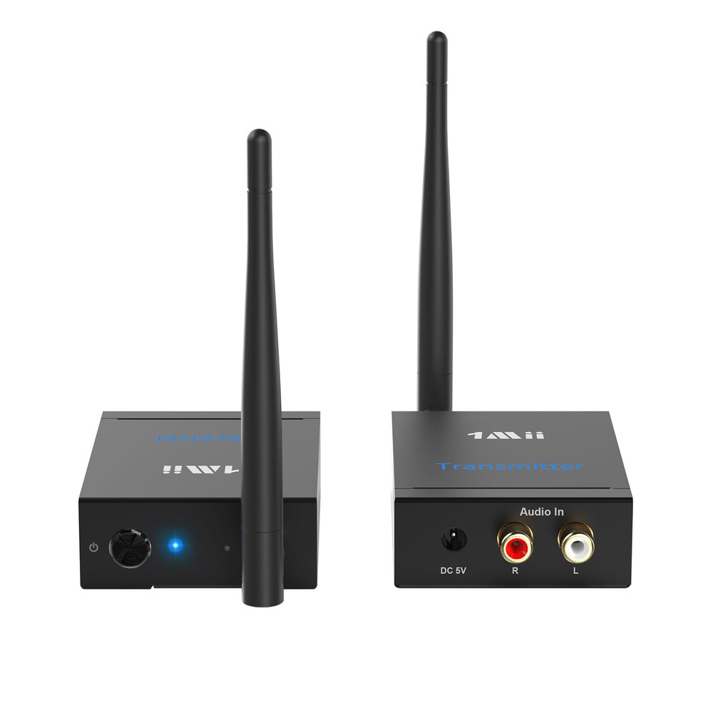 1Mii 2.4Ghz (1 TX + 1 RX) Wireless Audio Transmitter Receiver for TV, 320ft Long Range 20ms Low Delay HiFi Audio, Wireless Adapter Kit for Powered Speaker/Stereo/Soundbar, RCA(3.5mm AUX) Out/Input