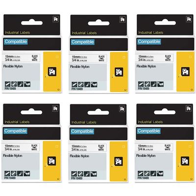 18489 3/4 inch FlyLong Compatible Flexible Nylon Label Tapes Replacement for DYMO 18489 Black on White Industrial Tapes for DYMO Rhino 5200 4200 5000 6000 Label Maker, 19mm x 3.5m, 6Pack