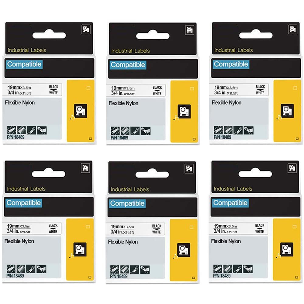 18489 3/4 inch FlyLong Compatible Flexible Nylon Label Tapes Replacement for DYMO 18489 Black on White Industrial Tapes for DYMO Rhino 5200 4200 5000 6000 Label Maker, 19mm x 3.5m, 6Pack