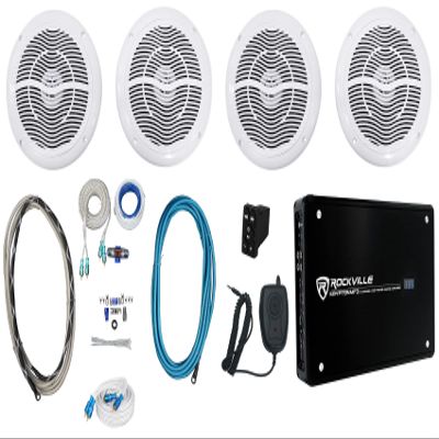 Rockville Krypton MF3 Bundle: 4-Ch 1600W Marine Amplifier, (4) RMC65W 6.5 in Waterproof 2-Way Boat Speakers, Rocker Bluetooth Controller, RMWK4 4-Gauge Amp Wiring Kit, MRCA25 25 Ft RCA Cable, 8-Items