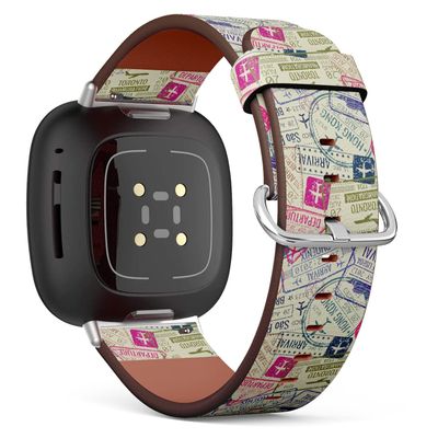 CJBROES Replacement Leather Watch Band, Compatible with Fitbit Versa 3 and Fitbit Sense of Wristband Bracelet Accessory - Passport Visa