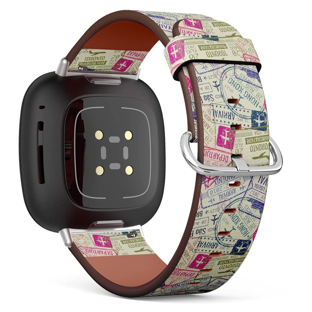 CJBROES Replacement Leather Watch Band, Compatible with Fitbit Versa 3 and Fitbit Sense of Wristband Bracelet Accessory - Passport Visa