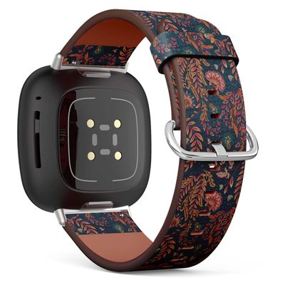 CJBROES Replacement Leather Watch Band, Compatible with Fitbit Versa 3 and Fitbit Sense of Wristband Bracelet Accessory - Blue Denim Colorful Floral Print