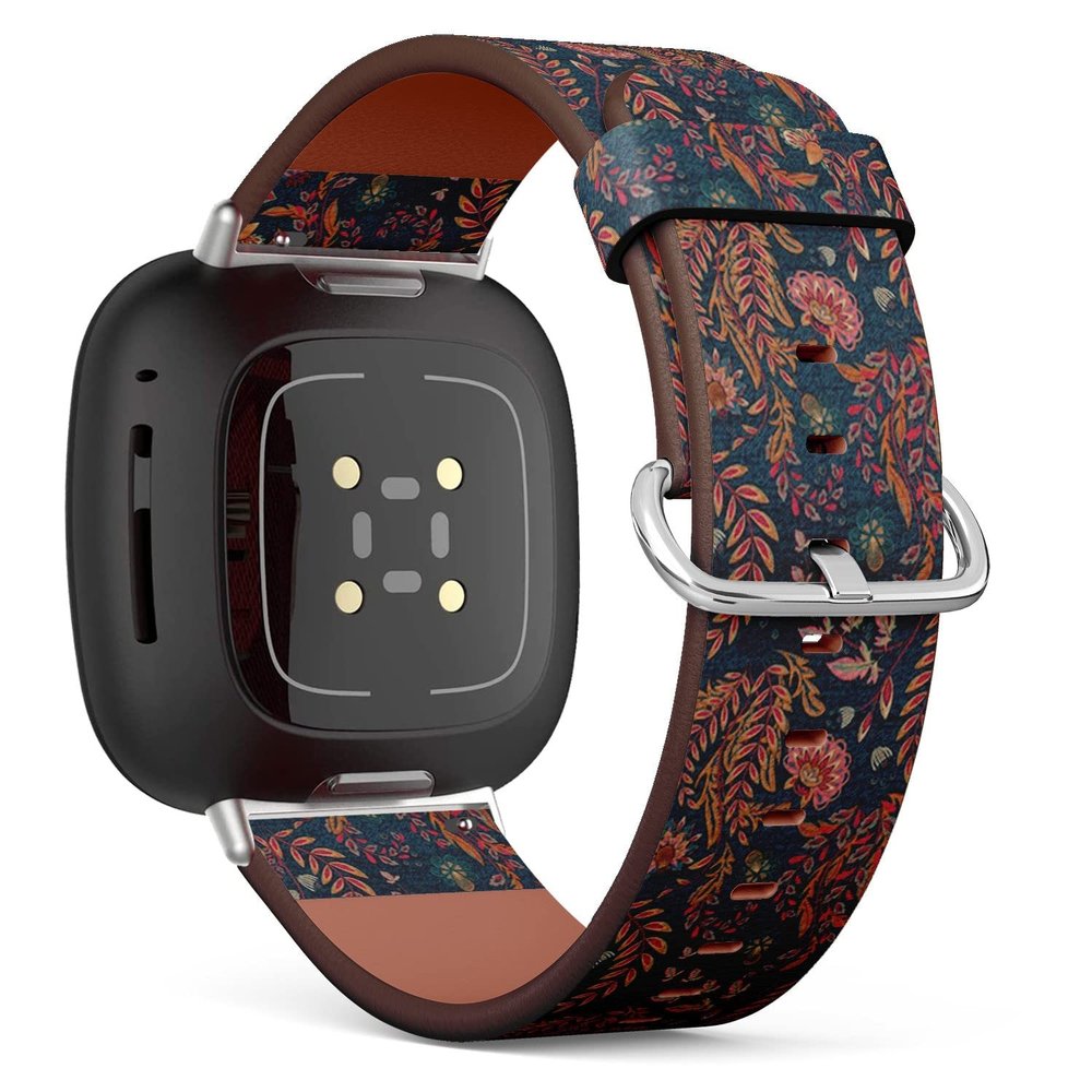 CJBROES Replacement Leather Watch Band, Compatible with Fitbit Versa 3 and Fitbit Sense of Wristband Bracelet Accessory - Blue Denim Colorful Floral Print