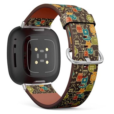 CJBROES Replacement Leather Watch Band, Compatible with Fitbit Versa 3 and Fitbit Sense of Wristband Bracelet Accessory - Robot Monsters Modern