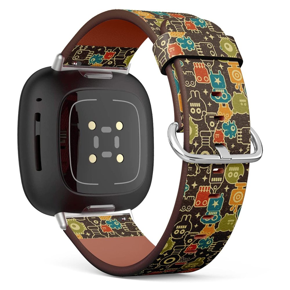 CJBROES Replacement Leather Watch Band, Compatible with Fitbit Versa 3 and Fitbit Sense of Wristband Bracelet Accessory - Robot Monsters Modern