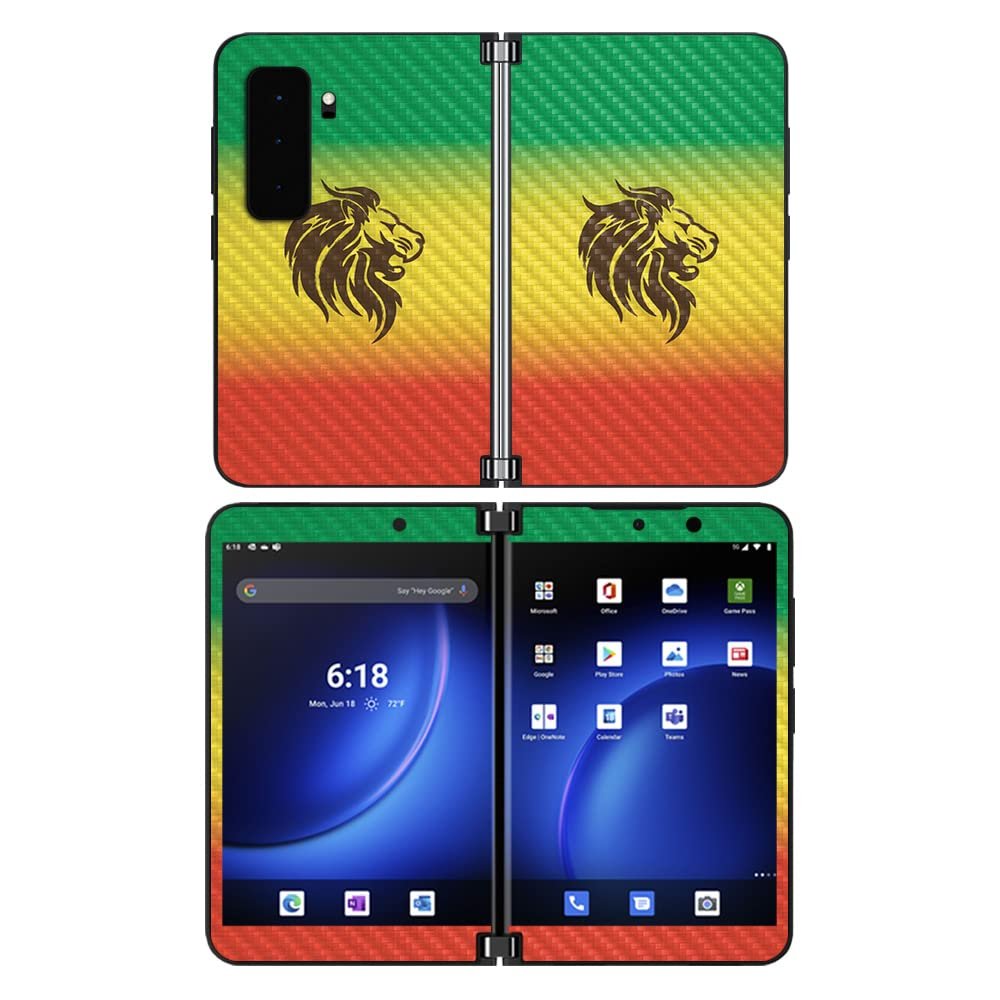 MightySkins Carbon Fiber Skin Compatible With Microsoft Surface Duo 2 - Rasta Lion | Protective, Durable, and Unique Vinyl Decal wrap cover | Easy To Apply, Remove, and Change Styles | Made in the USA