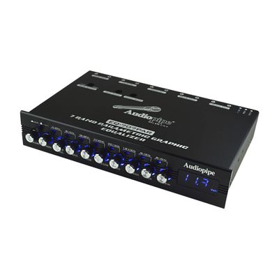 Audiopipe 7 Band Parametric Graphic Equalizer with 9V Line Driver (EQ-707PAR), Named Bands, Front, Rear, Subwoofer RCA Output, LED Display, LED Knobs, Level Control, Low-Pass/Subsonic Filter, Main/Aux