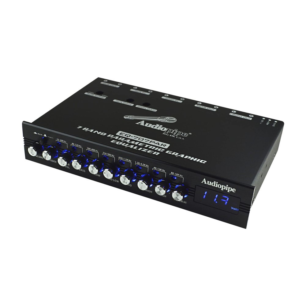Audiopipe 7 Band Parametric Graphic Equalizer with 9V Line Driver (EQ-707PAR), Named Bands, Front, Rear, Subwoofer RCA Output, LED Display, LED Knobs, Level Control, Low-Pass/Subsonic Filter, Main/Aux